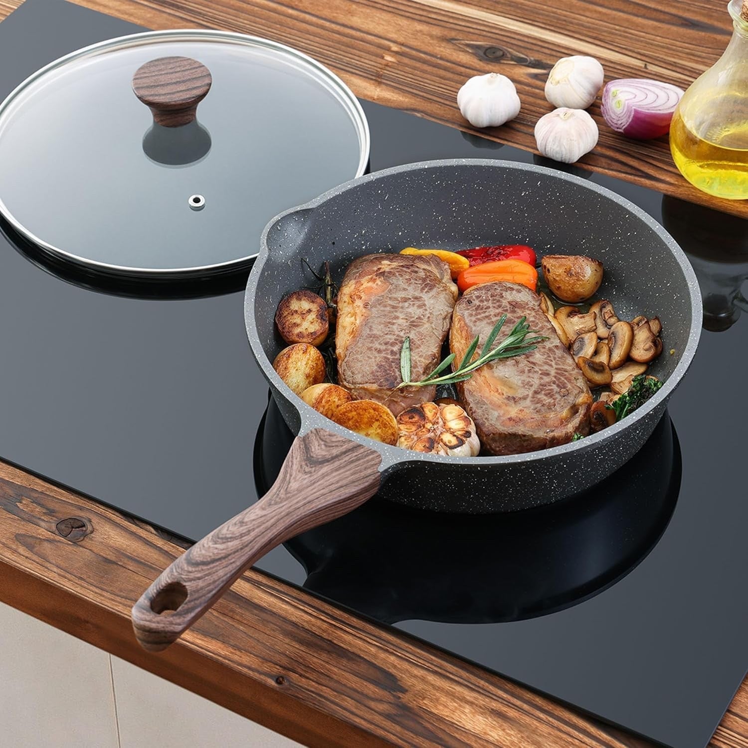 26cm Grey Deep Non stick Saute Pan with Lid 4L  Skillet Induction Compatible