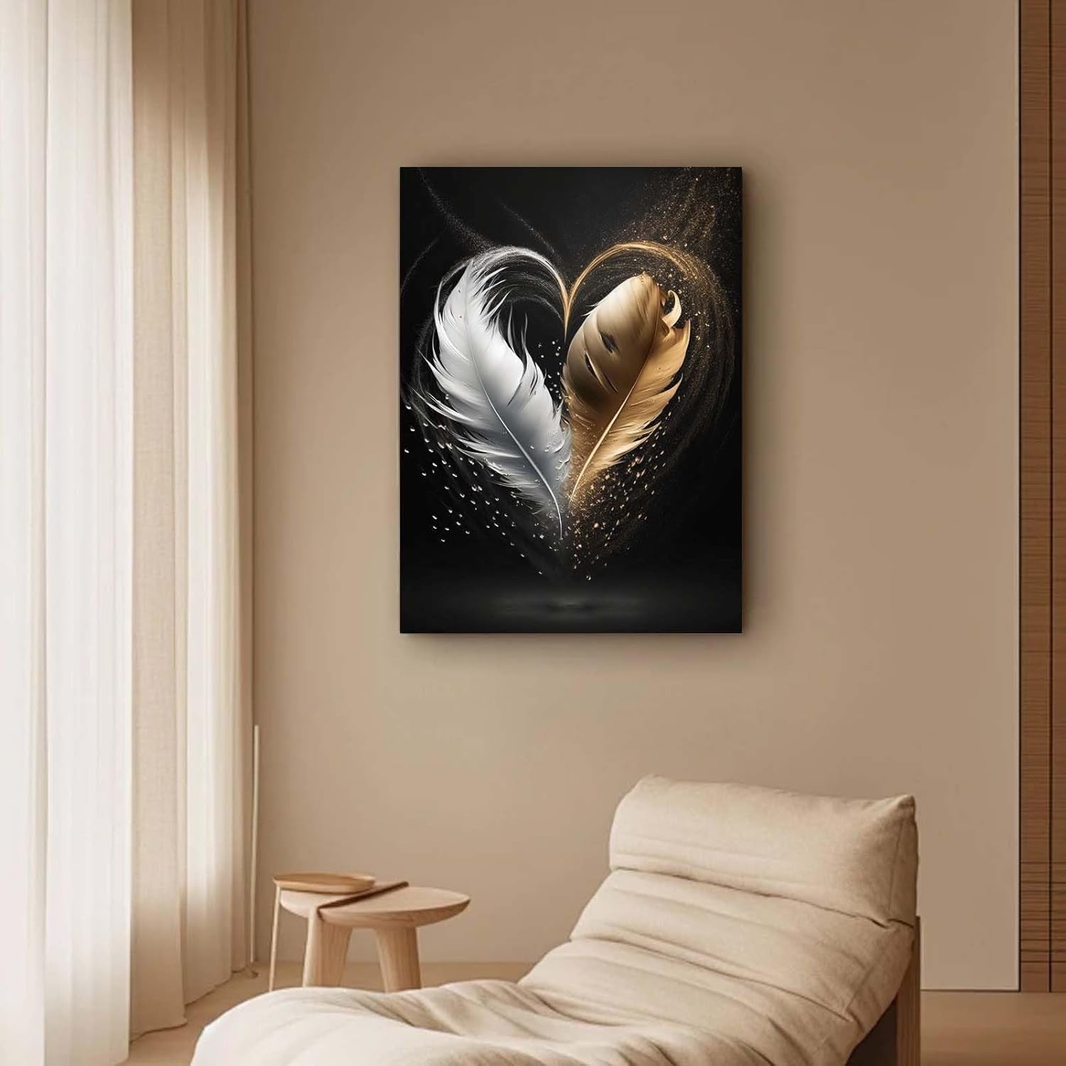 Gold Black Feather Canvas Wall Art Framed Modern Luxury Bedroom Decor