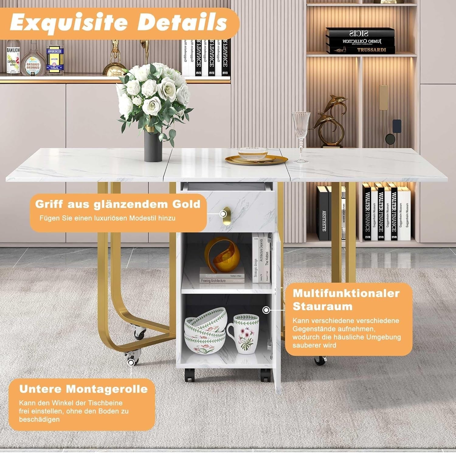 Folding Marble Dining Table 2 Drawers Storage Home Kitchen Island Unit