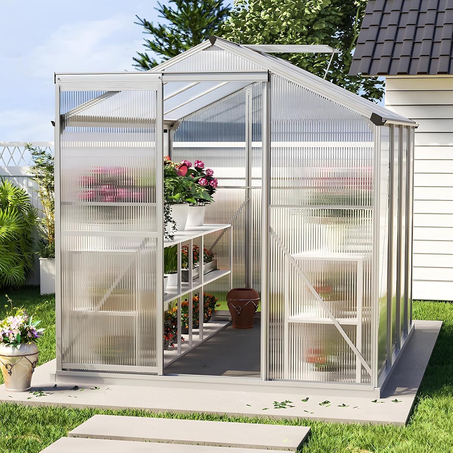8x6FT Polycarbonate Walk-In Greenhouse with Base – Aluminium Frame, UV Resistant