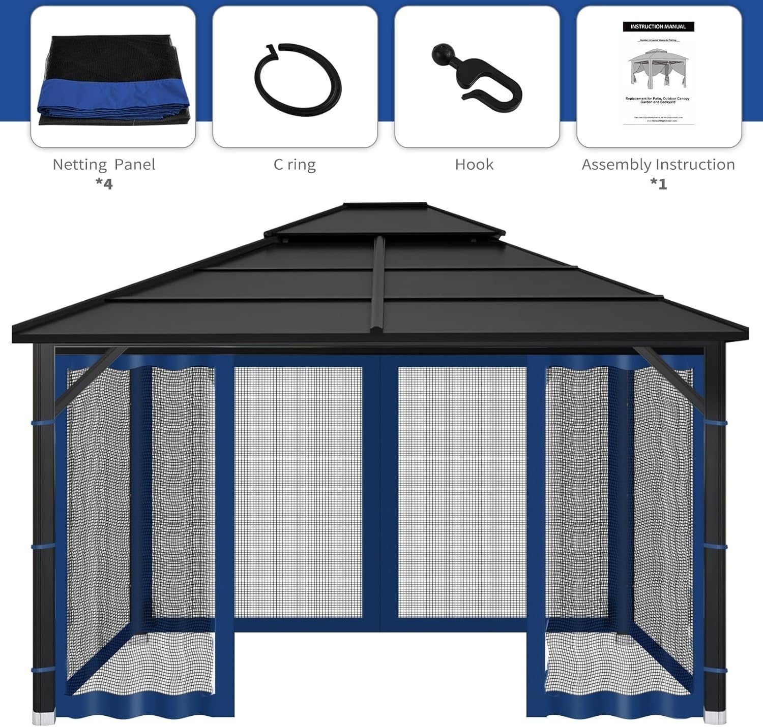 10x12ft Navy Blue Gazebo Mosquito Netting 4 Panels Zipper Sidewalls Outdoor