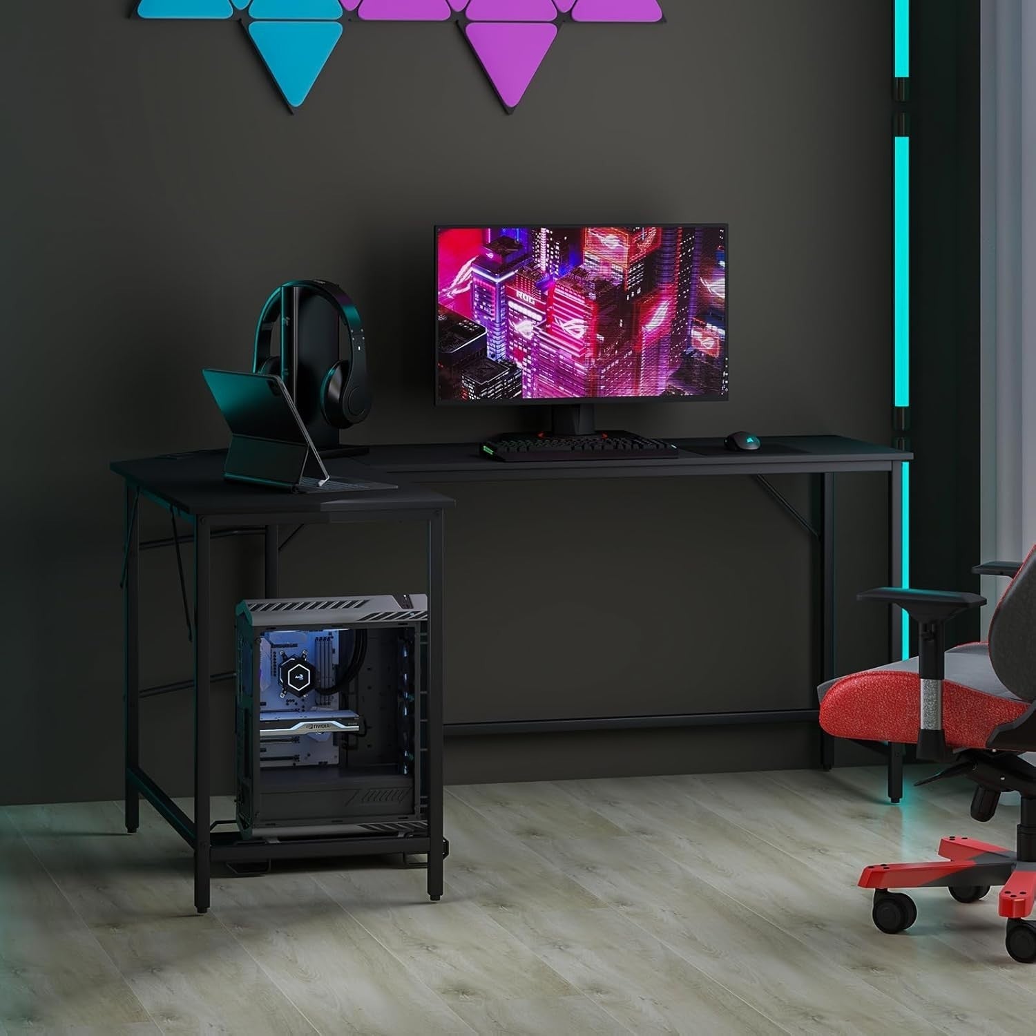 Black L-Shaped Desk 168cm Corner Computer Table with CPU Stand Office