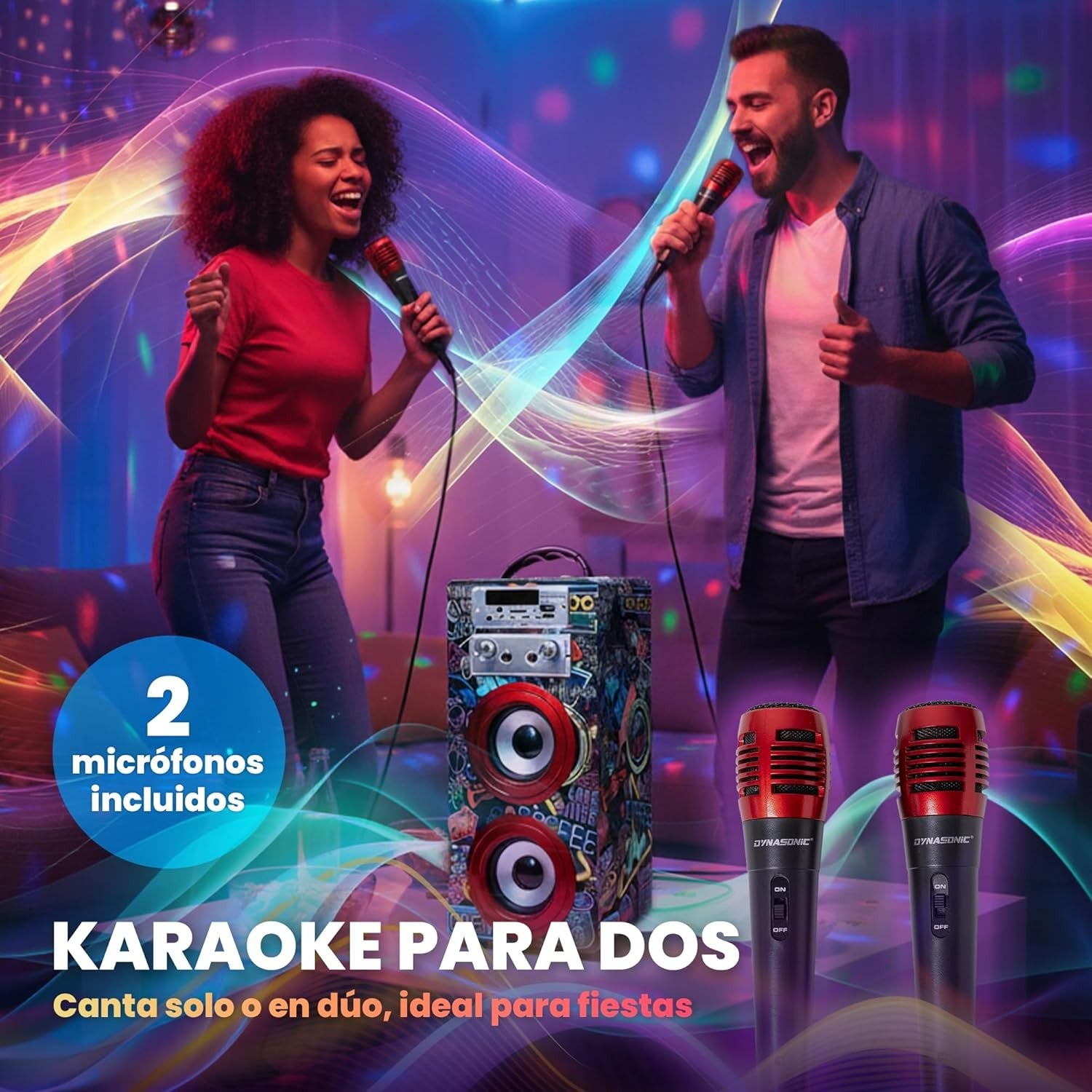 Blue Dynasonic Karaoke Machine 2 Mics Bluetooth LED Lights Portable