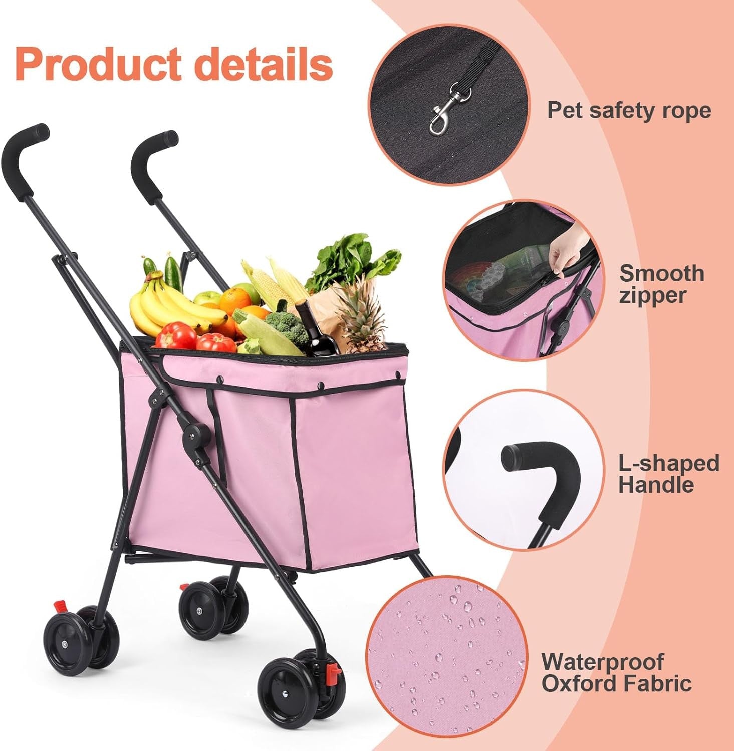 Pink Foldable Pet Shopping Cart Stroller 60lb Heavy Duty Utility Wagon
