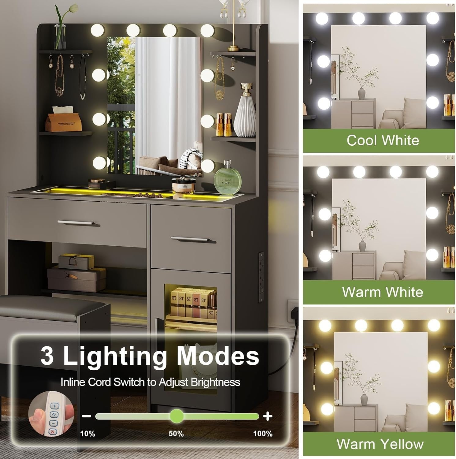 Modern Vanity Dressing Table Makeup Desk LED Light Mirror USB Charging 90x140x40