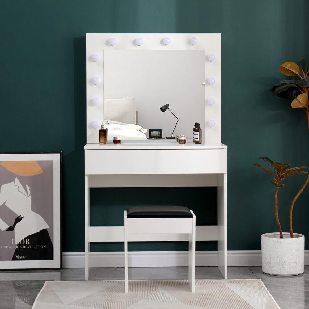 White Modern Dressing Table Vanity Desk with LED Mirror & Tuck-Under Stool