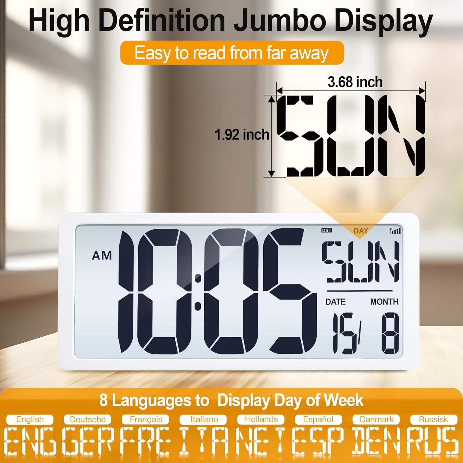 Large Atomic Digital Wall Clock 18.5'' Backlit Date Temperature Battery