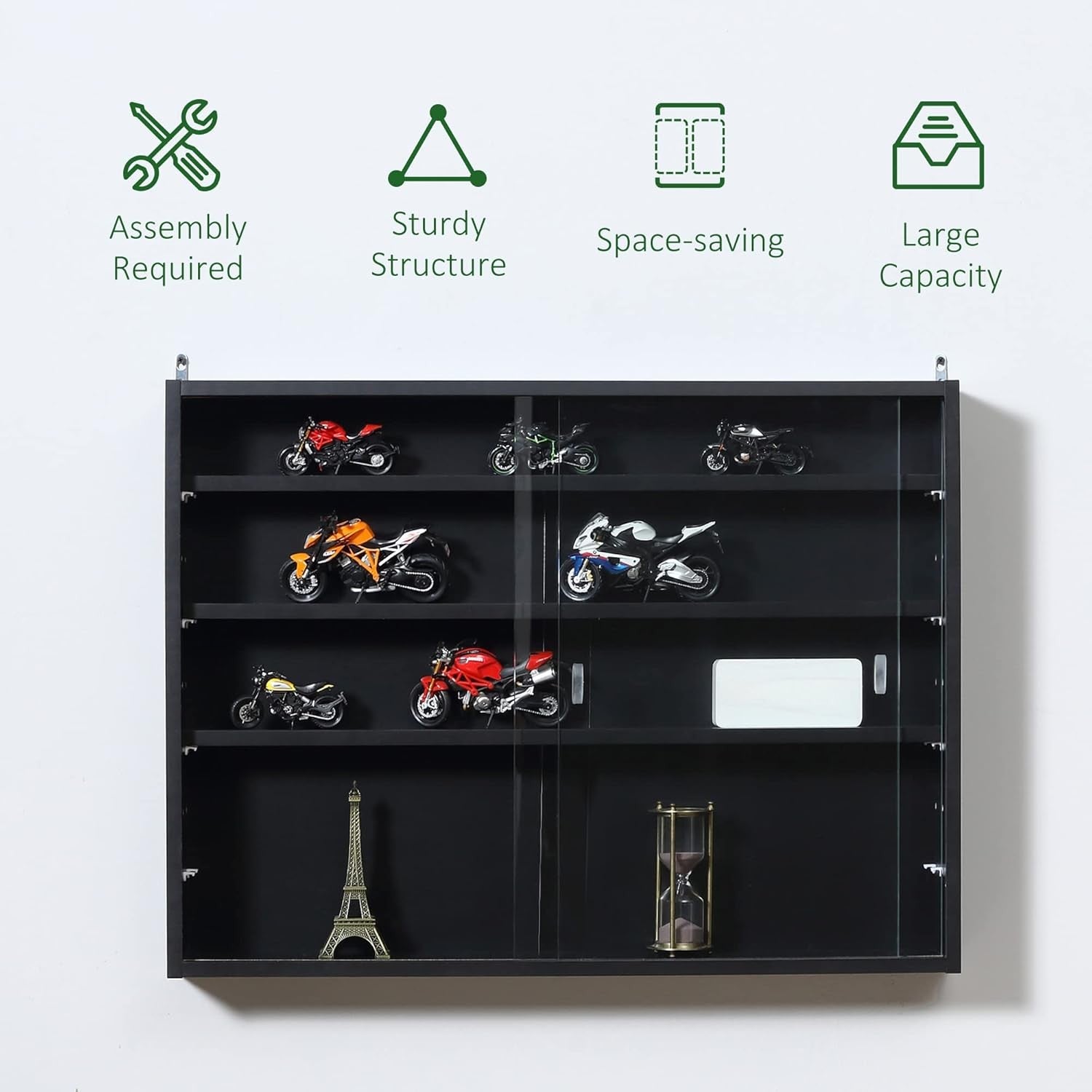 5-Tier Wall Display Cabinet | Black Glass Sliding Door Shelf Unit 60×80cm