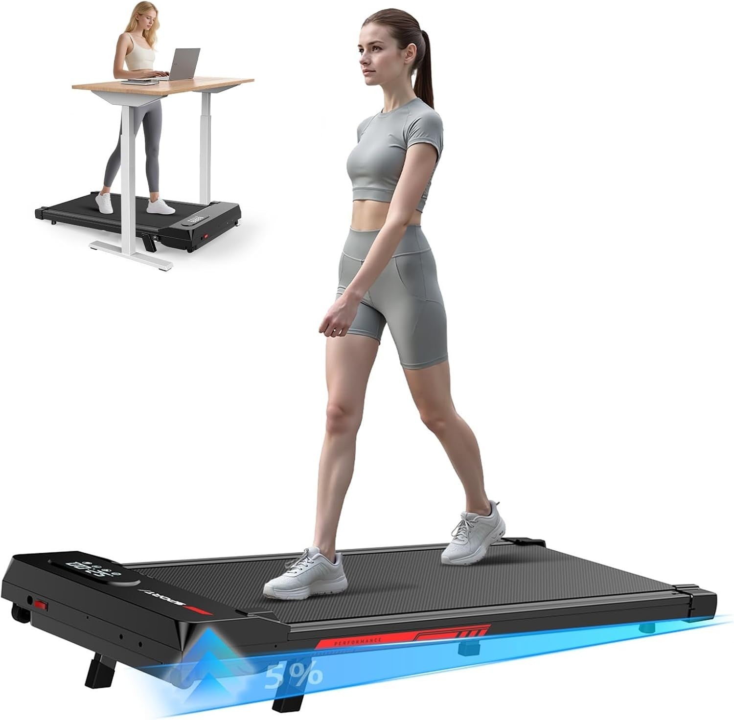 Under Desk Walking Pad Treadmill 5% Incline 2.5HP Quiet Compact LED Remote