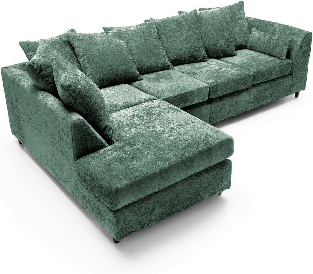 Large Green Chenille Corner Sofa – Modern L Shape 5 Seater Couch w/ Covers