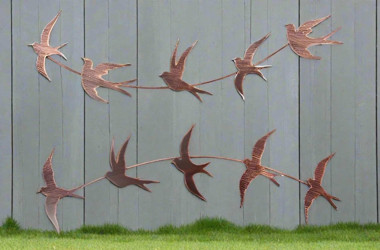 Copper Flying Birds Metal Wall Art Garden Fence Decor Set of 10