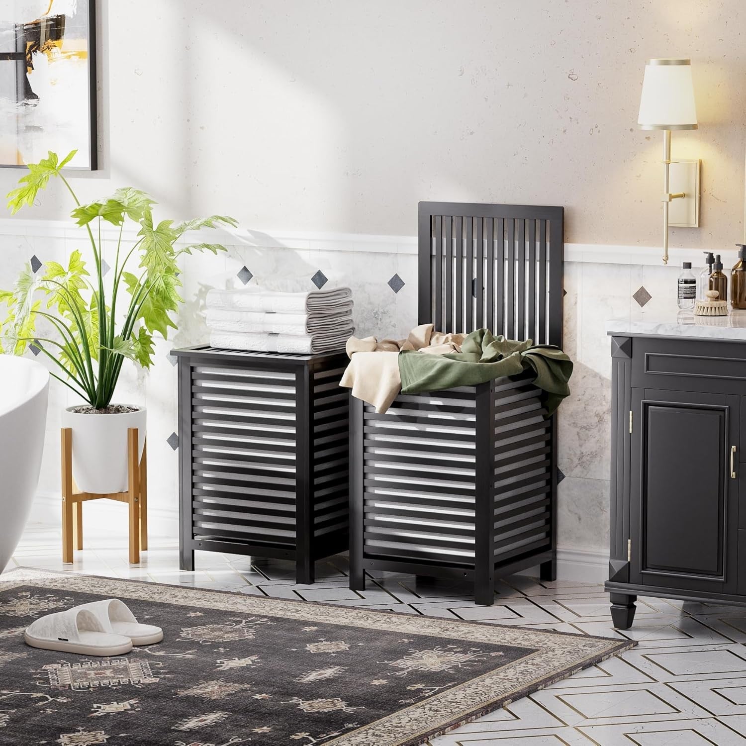Black Bamboo Double Laundry Hamper with Lid 120L 2 Section Basket 47x47x65cm