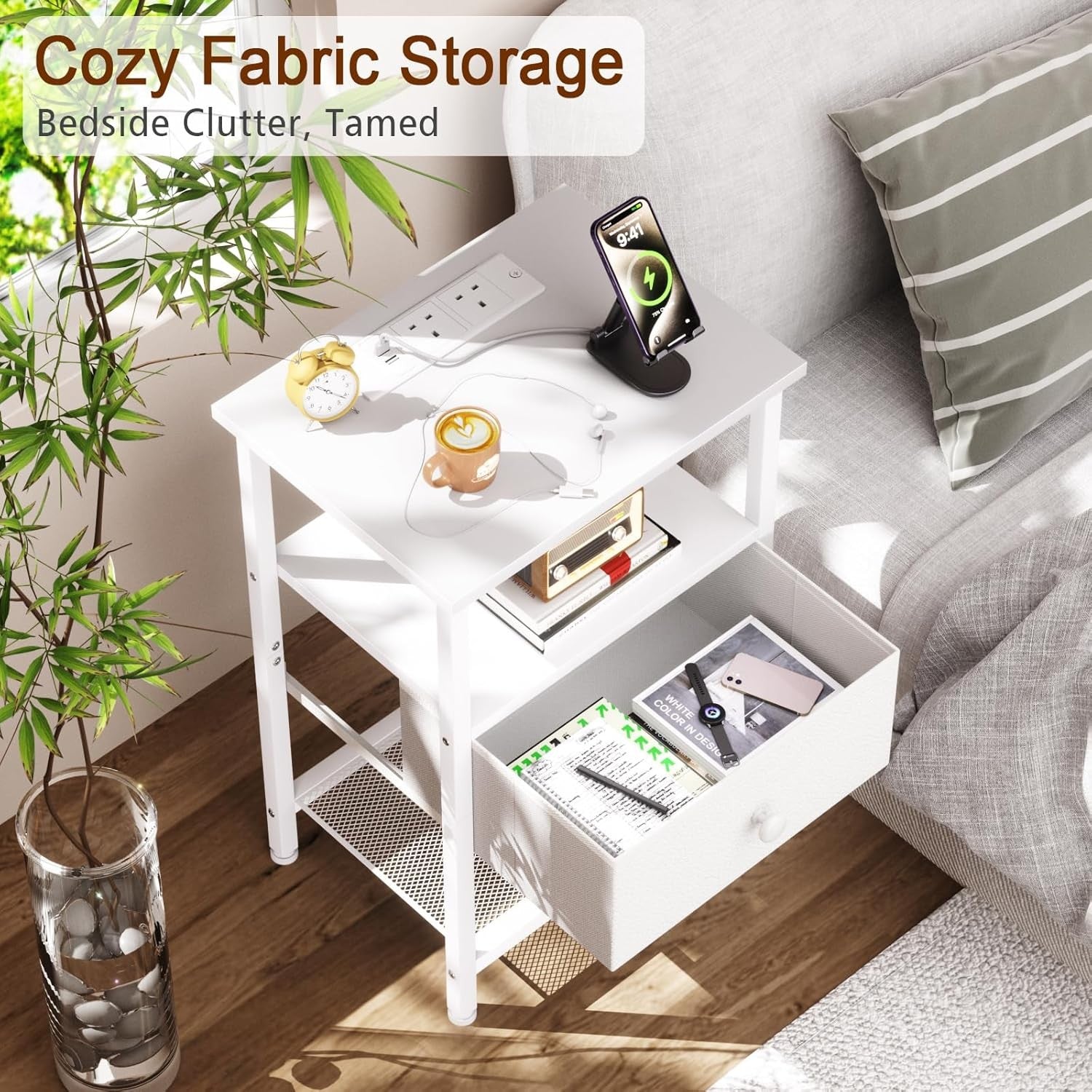 White Bedside Table with Charging Station Small Nightstand Drawer & Shelf