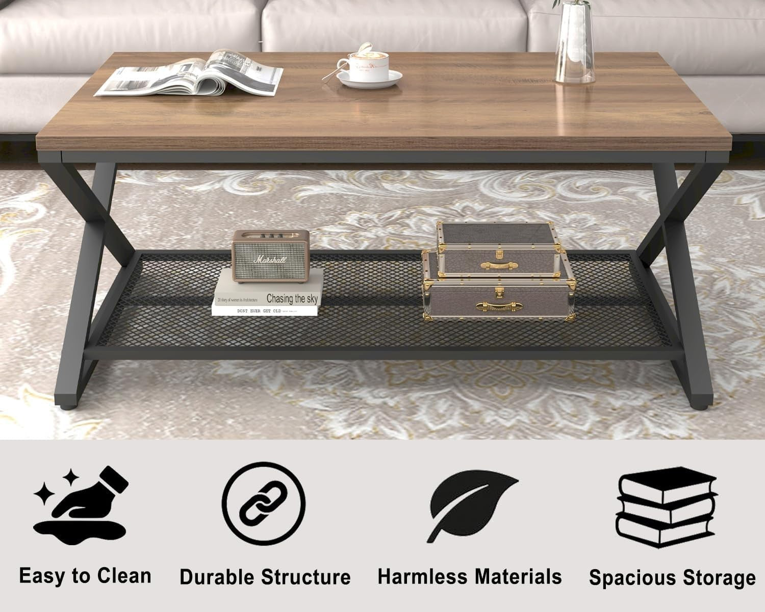 Rustic Oak Industrial Coffee Table with Mesh Shelf – 2 Tier Wooden Living Room