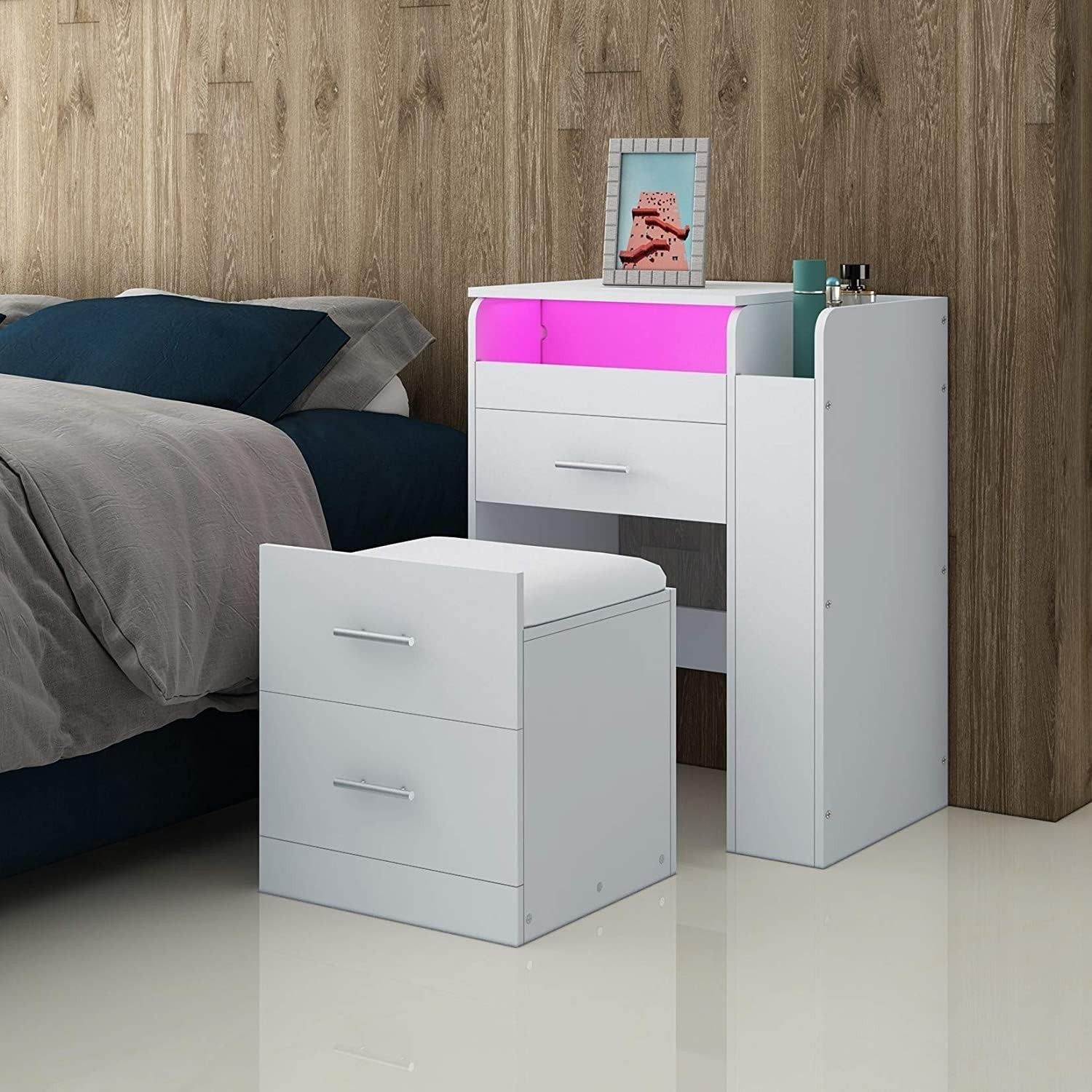 White Dressing Table Vanity Set 90° Flip Mirror LED Lights Drawer Desk