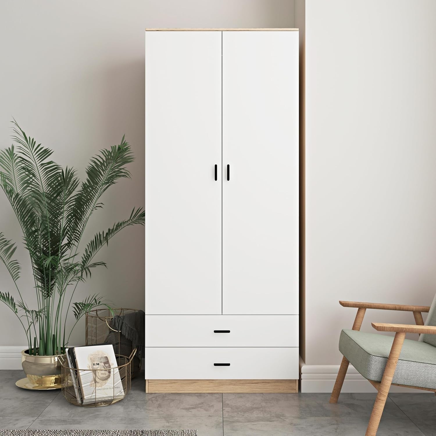 Tall Oak 2 Door Wardrobe with Drawers Hanging Rail Storage Unit