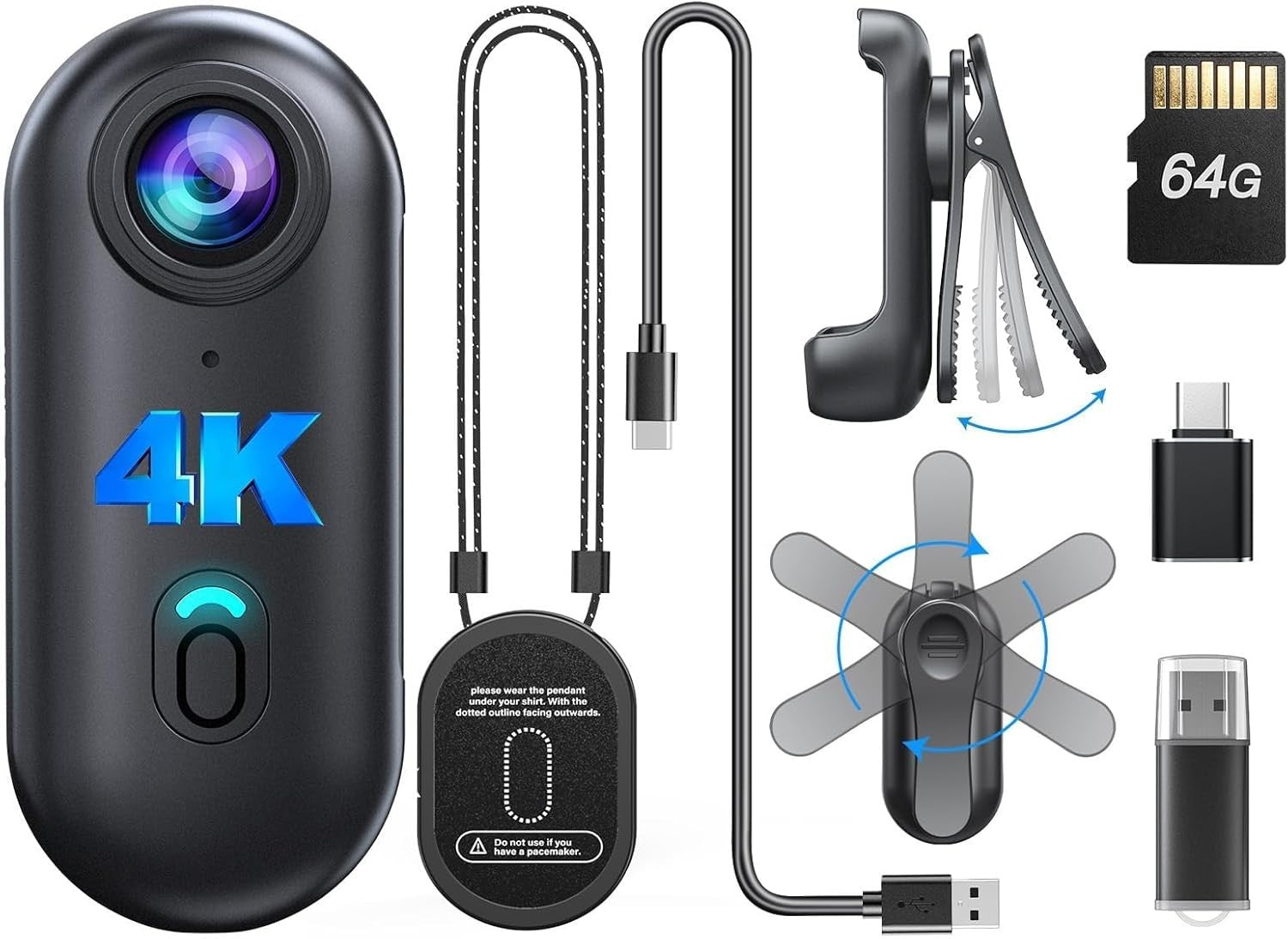 4K Mini Body Camera 64GB Wearable Action Cam Magnetic Clip Portable