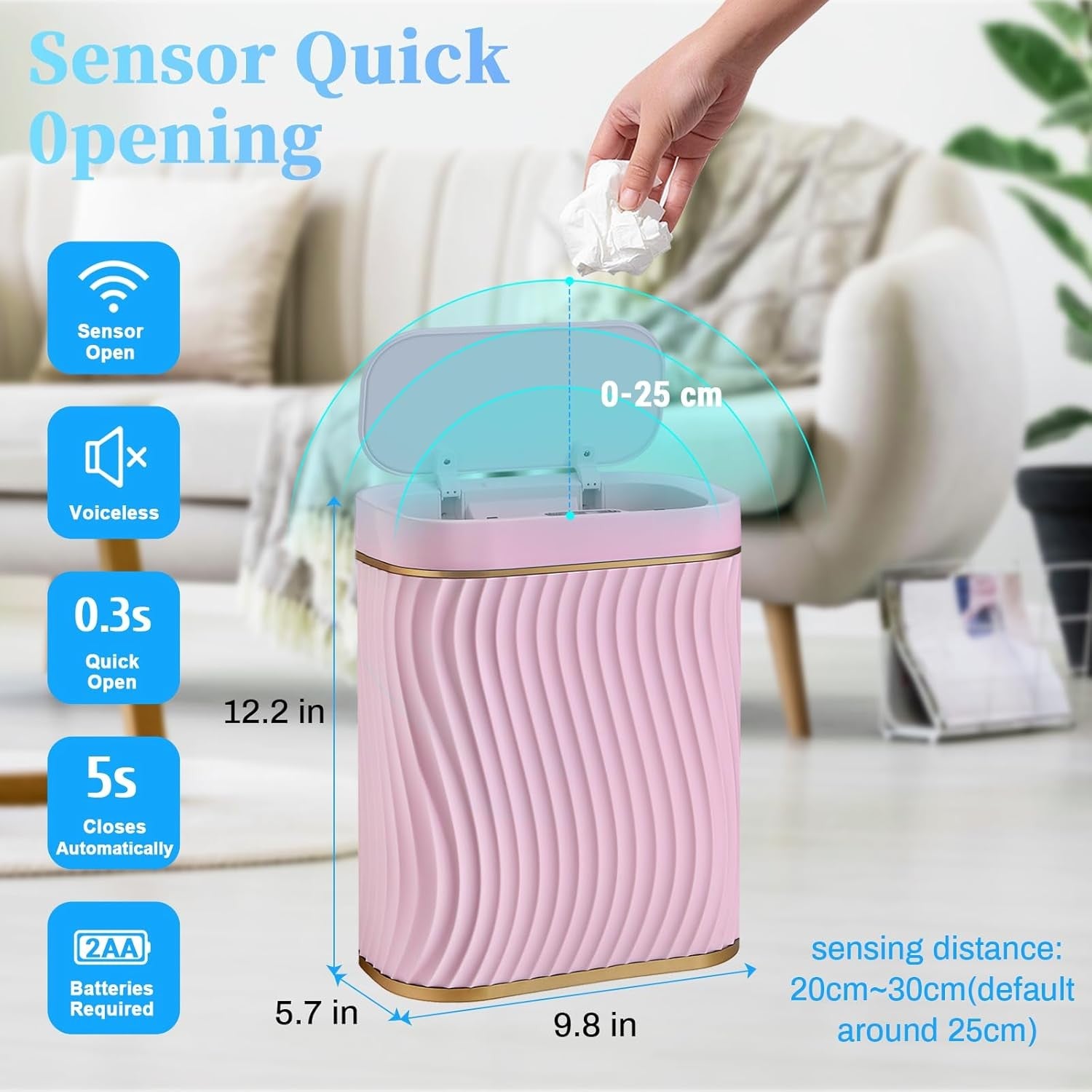 2.6 Gallon Touchless Bathroom Bin Waterproof Slim Smart Trash Can