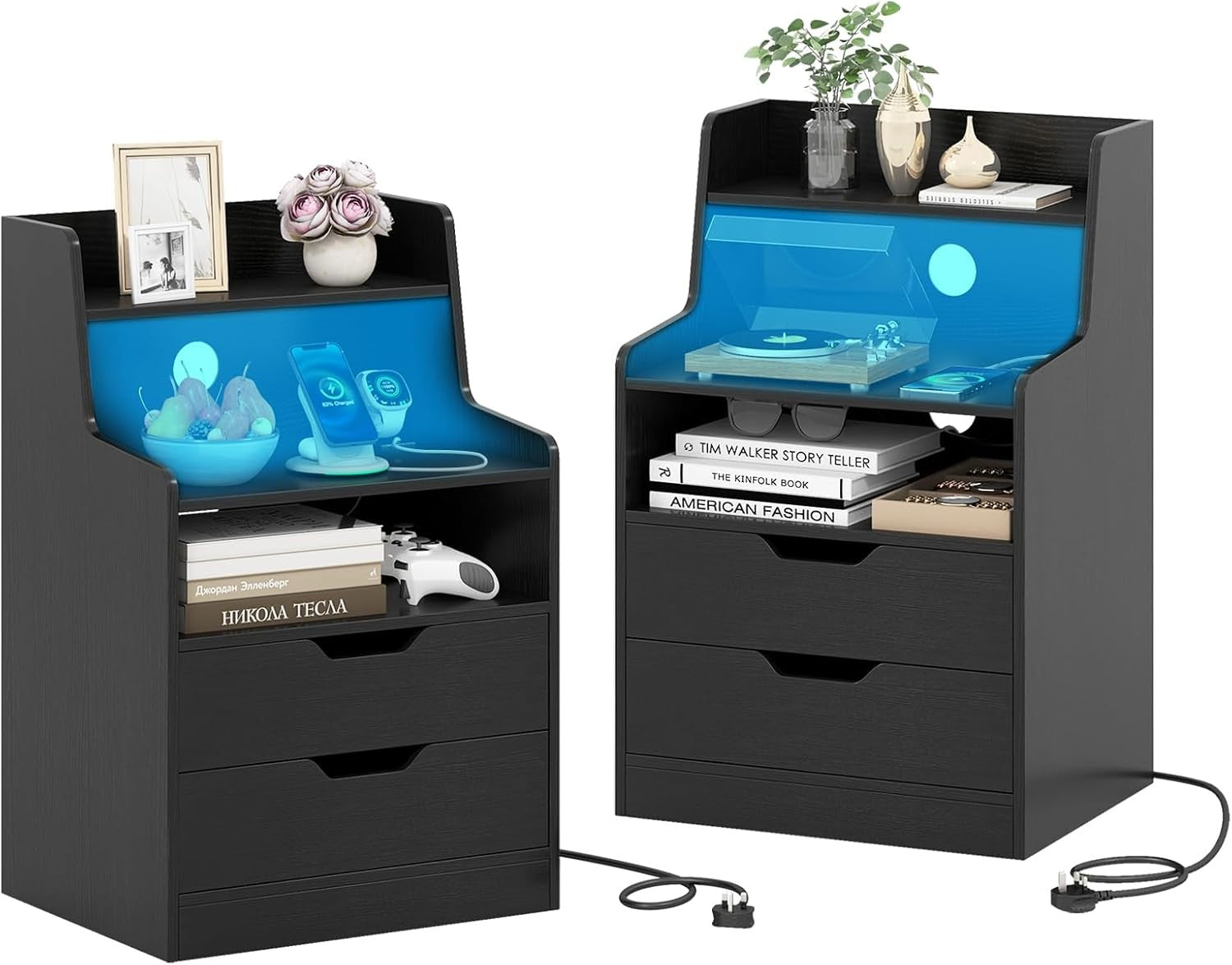 Black LED Bedside Tables with Charging Station, Drawers & RGB Display Shelves