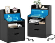 Black LED Bedside Tables with Charging Station, Drawers & RGB Display Shelves