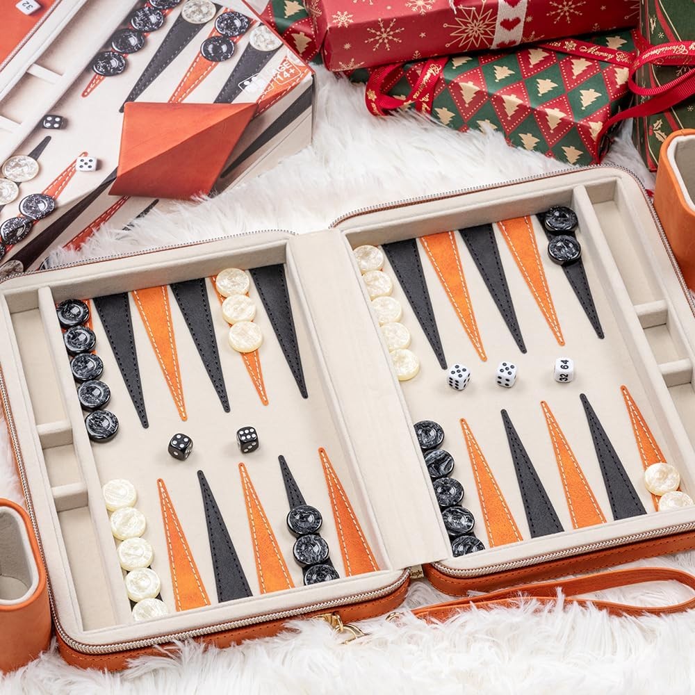 9.4 Inch Travel Backgammon Set Faux Leather Folding Board Portable Game