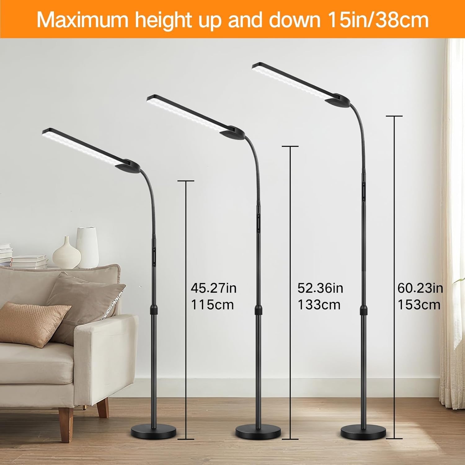 Double Head LED Floor Lamp Dimmable Remote Touch Adjustable Reading Light