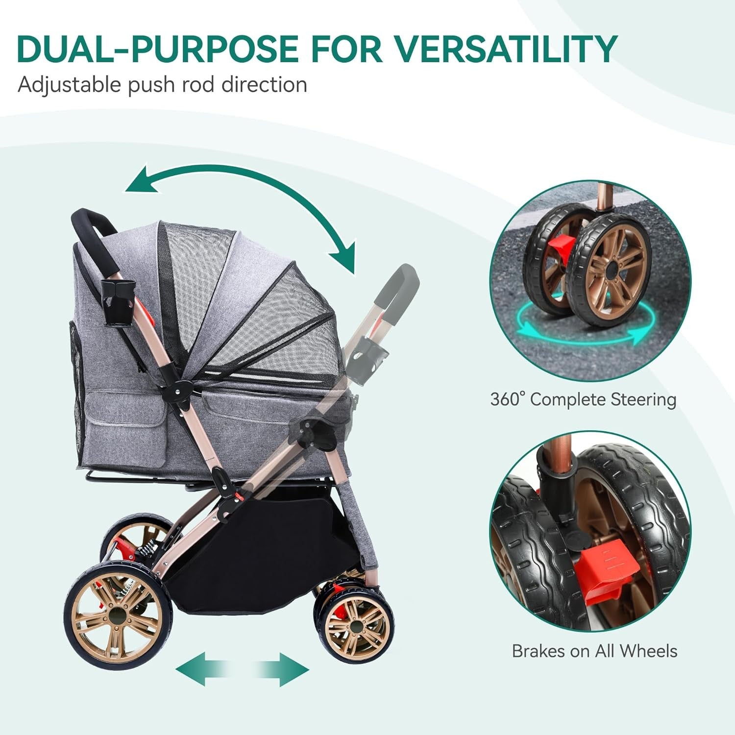 Dog Stroller Reversible Handle Foldable Pet Pushchair 4 Wheel Travel