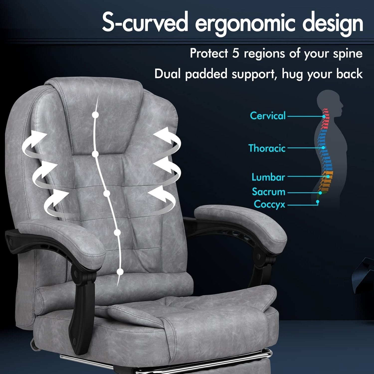 Grey Massage Office Chair Recliner Footrest Ergonomic PU Leather Swivel