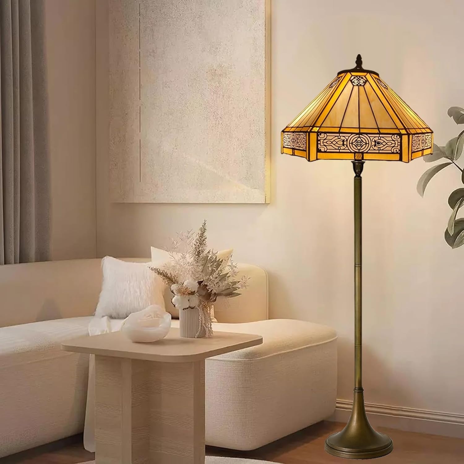 Tiffany Style Floor Lamp Handcrafted Stained Glass 16in Antique Living Room