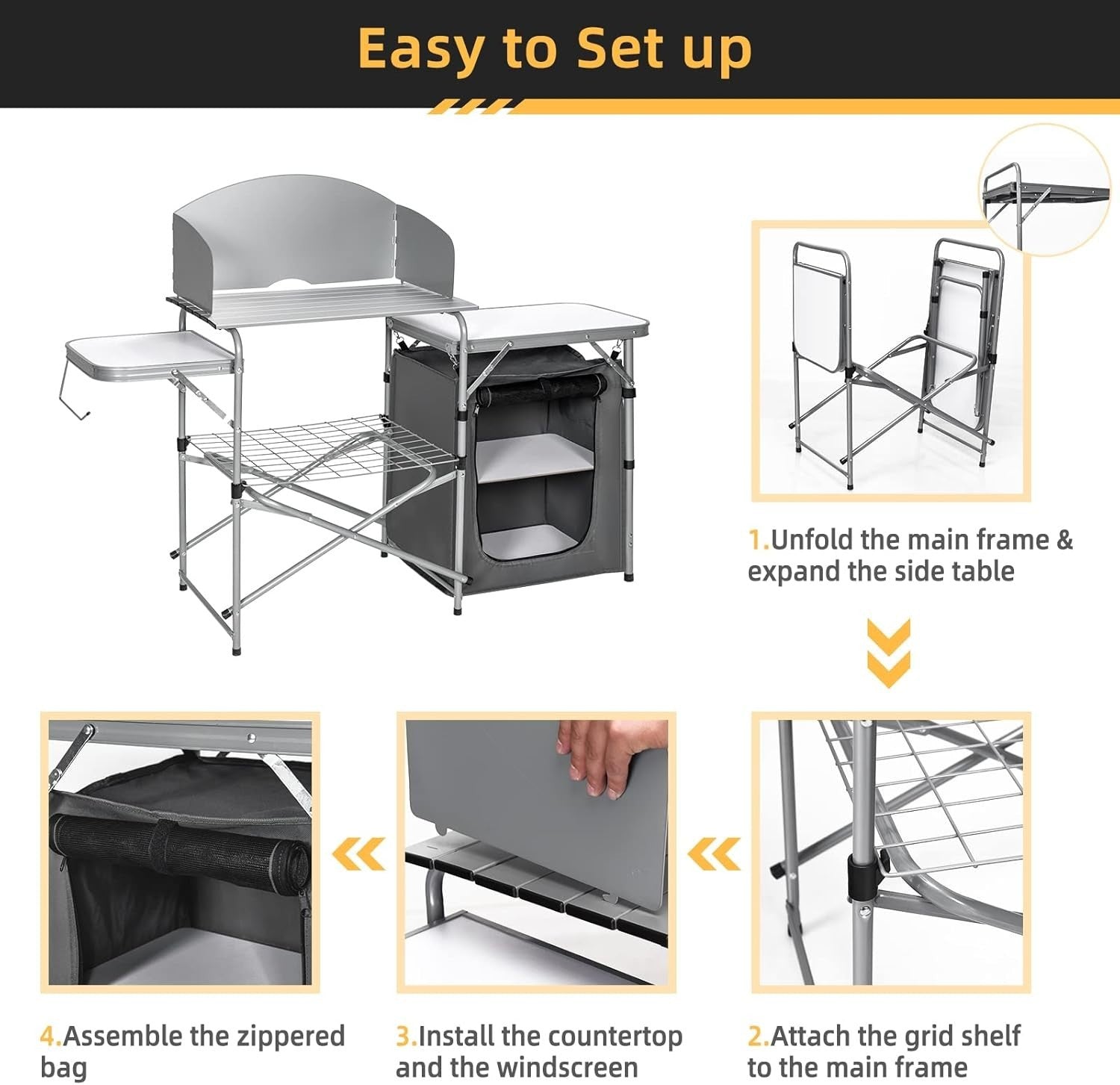 Folding Camping Kitchen Table BBQ Workstation with Windshield & Storage