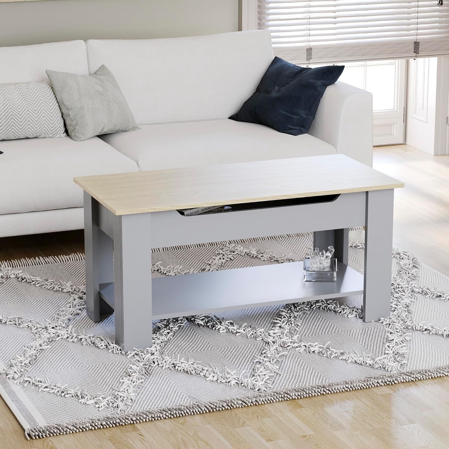 Lift-Up Coffee Table with Hidden Storage & Shelf 100x48x48-60cm Oak Grey