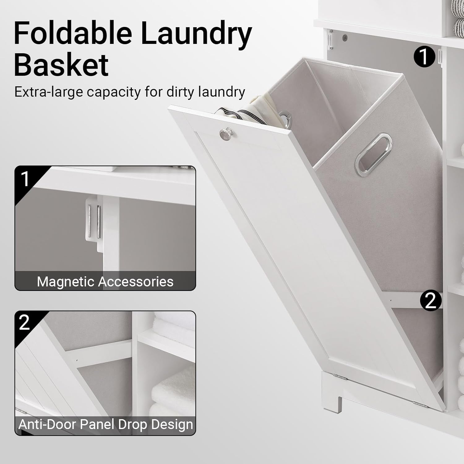Tall Slim Bathroom Storage Cabinet with Laundry Basket Shelves White