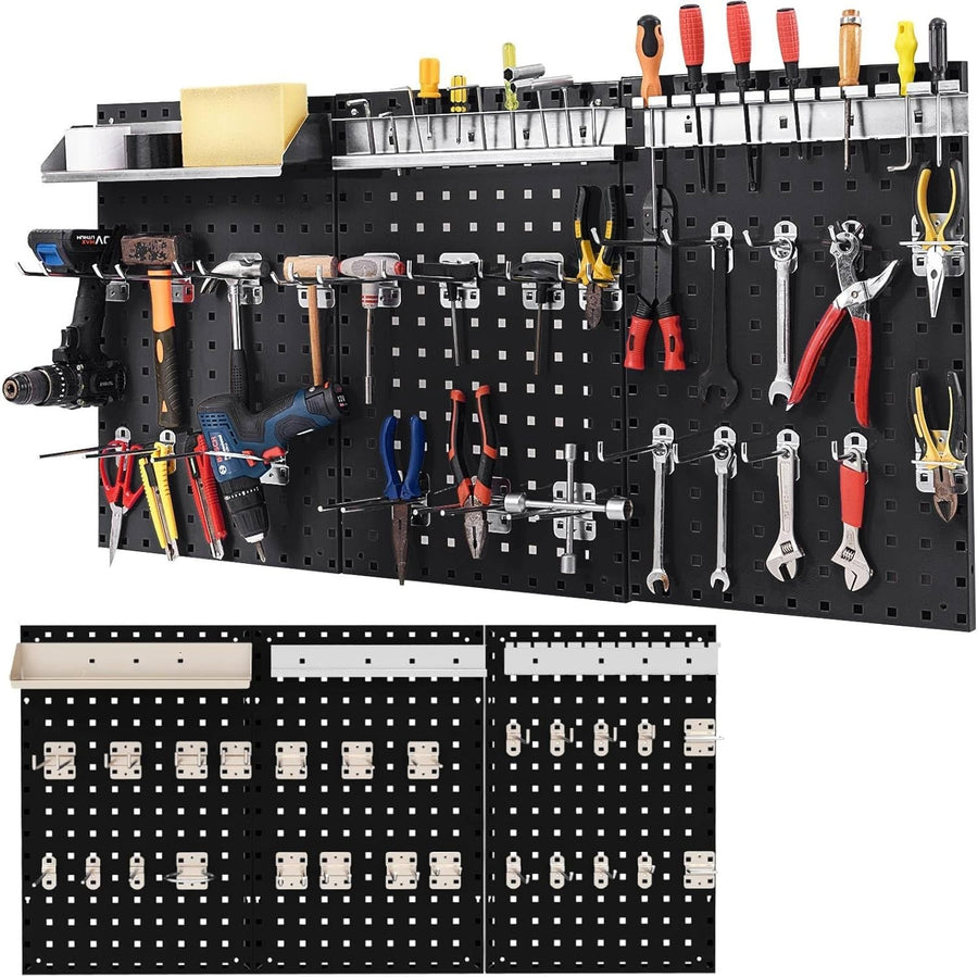 Wall-Mounted Tool Rack Organizer 3 Pegboards + 28 Hooks Black Red