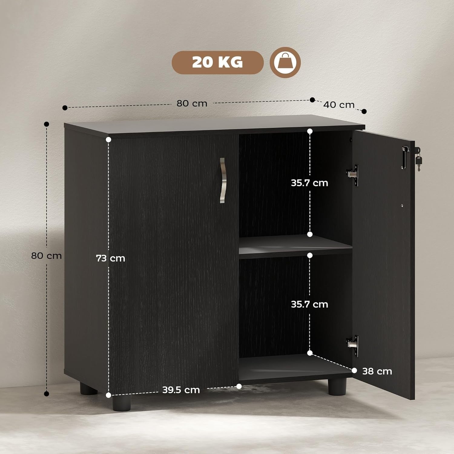 Black Lockable Storage Cabinet 80x40x80cm 2 Shelf Office Cupboard