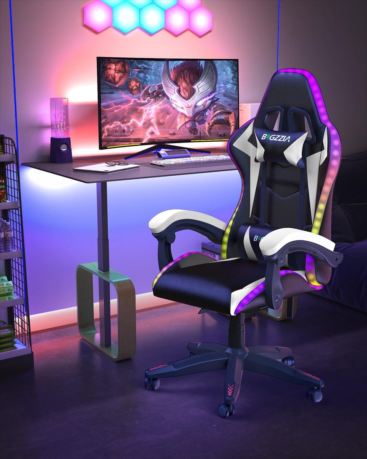 RGB Gaming Chair Recliner PU Leather  Lumbar Headrest
