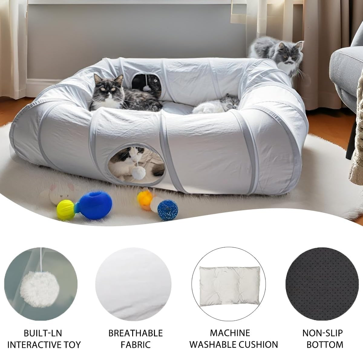 Cat Donut Tunnel Bed 2 in 1 Play Tunnel w Washable Cushion Grey