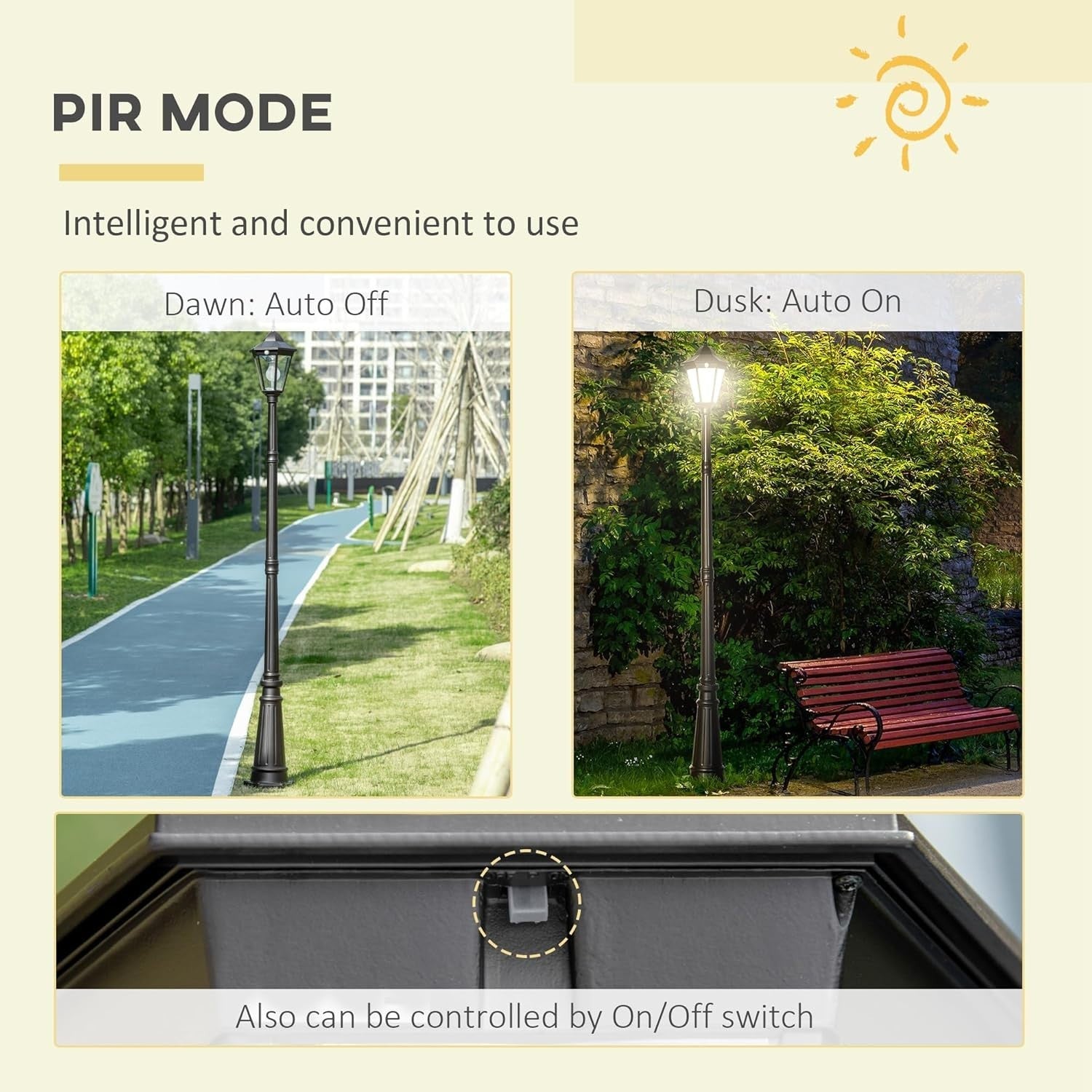 Outsunny 2.4M Solar Garden Lamp Post Light PIR Motion Sensor LED IP44
