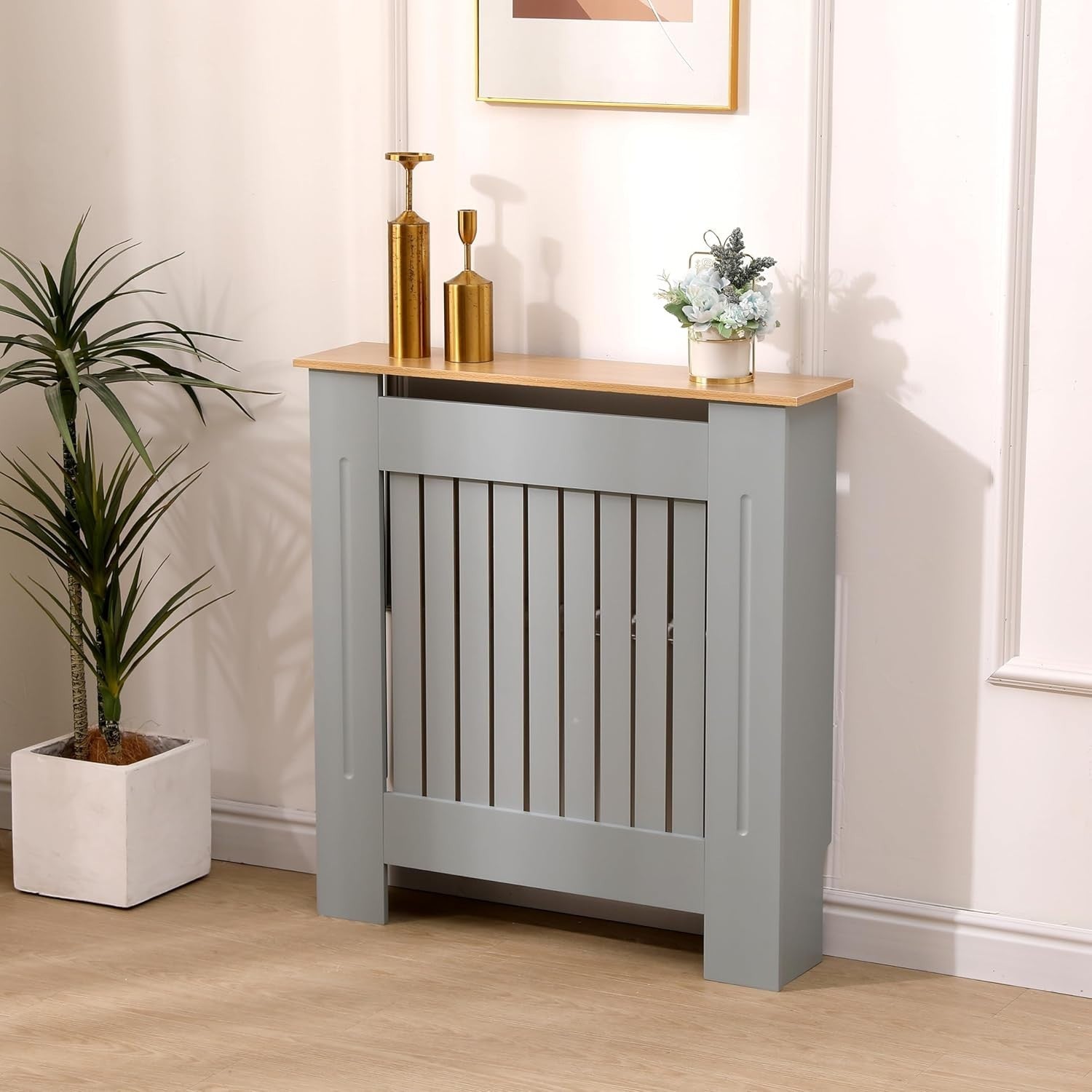 Small Grey Oak Radiator Cover | Modern MDF Vertical Slat Cabinet