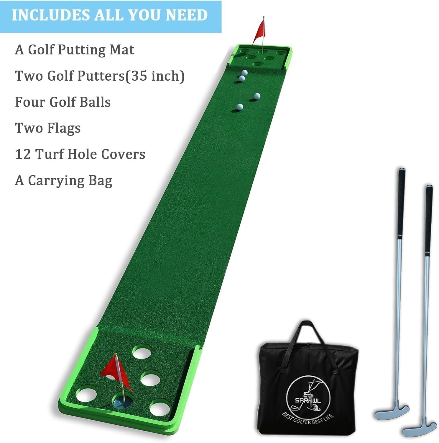 Indoor Outdoor Golf Putting Mat Set w Putters Balls Practice Training Game