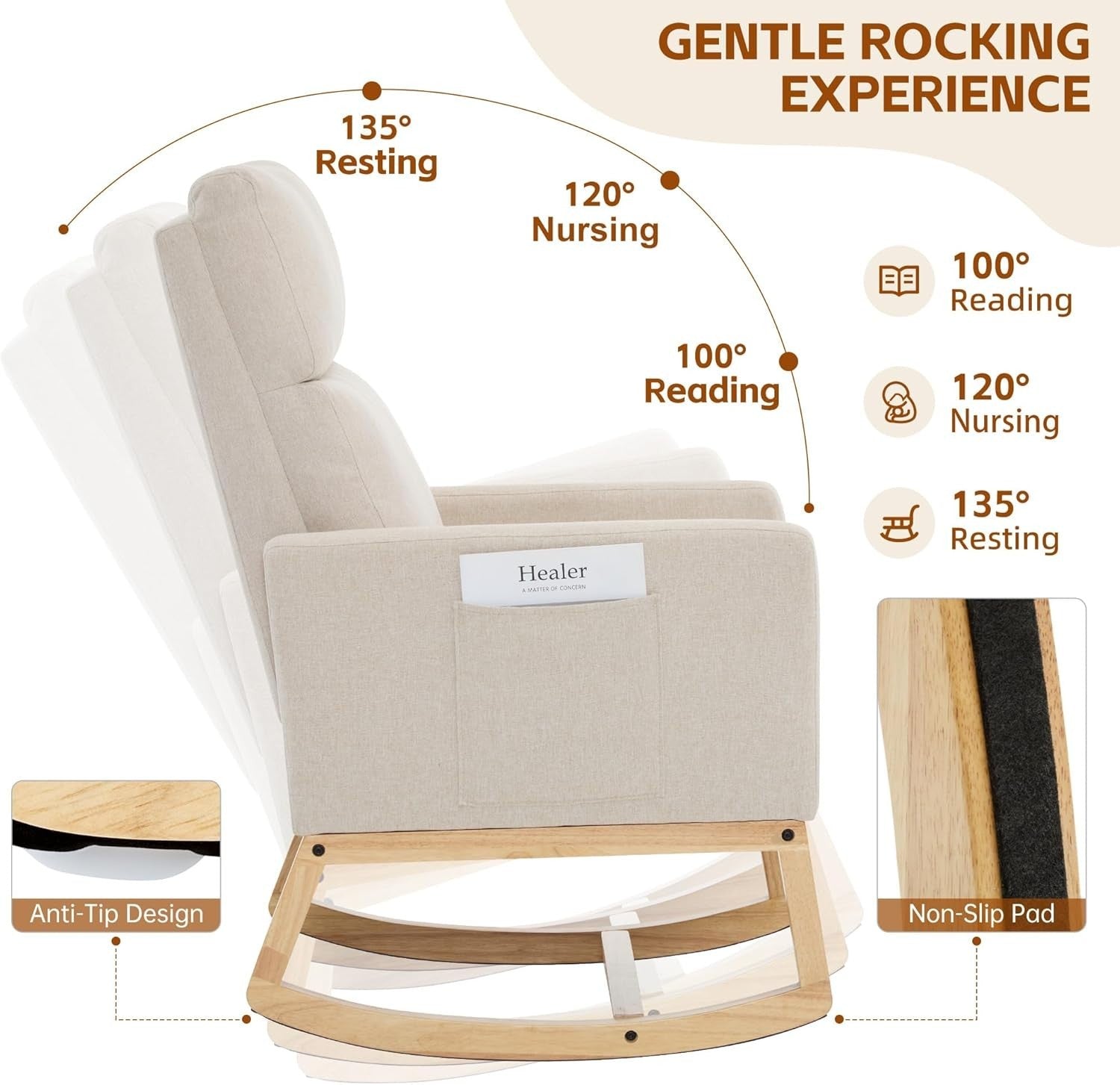 Beige Linen Rocking Chair for Adults with High Back, Storage & Wooden Legs