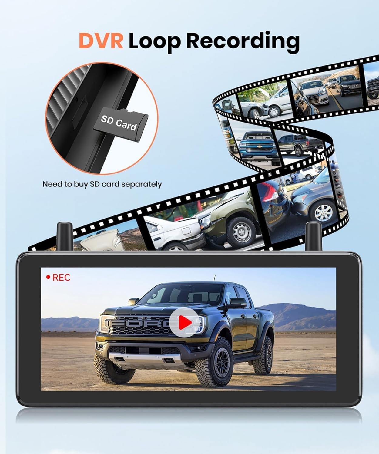 7.2" Solar Wireless Reversing Camera 1080P DVR Split Screen