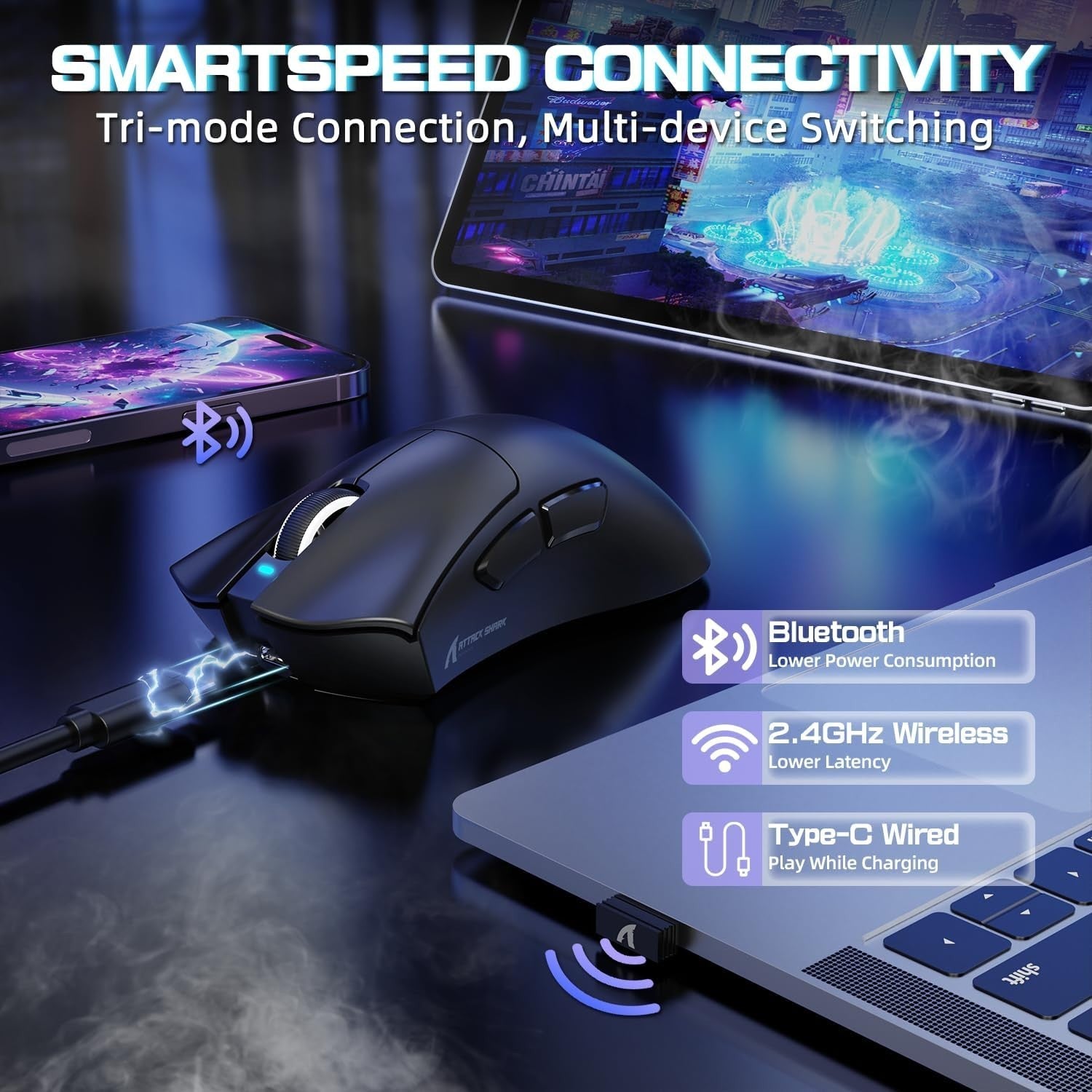 Wireless Gaming Mouse 25000 DPI 65g RGB Dock 100M Clicks Black