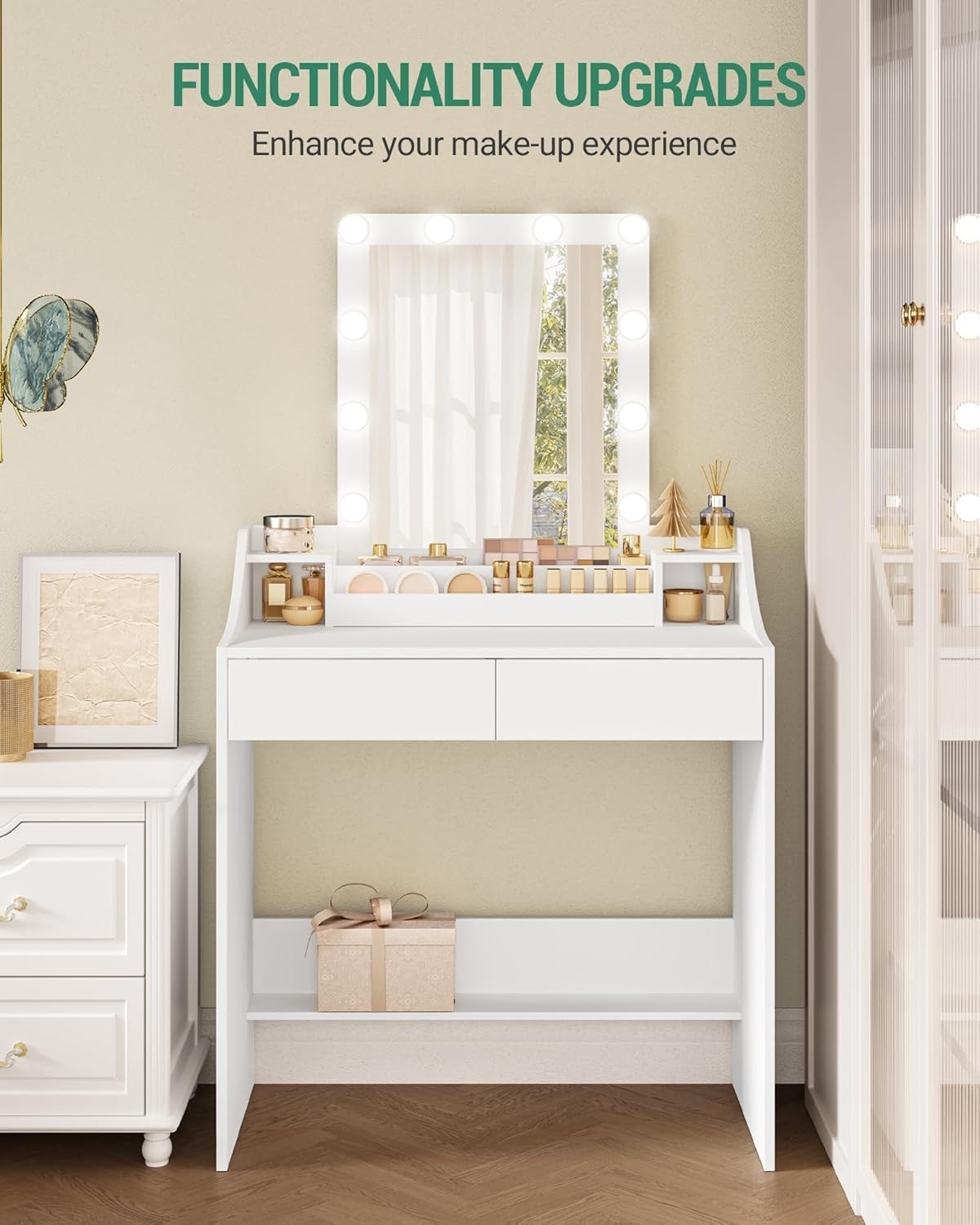 Black Dressing Table w/LED Mirror & Charging Station 4 Drawers Vanity Makeup