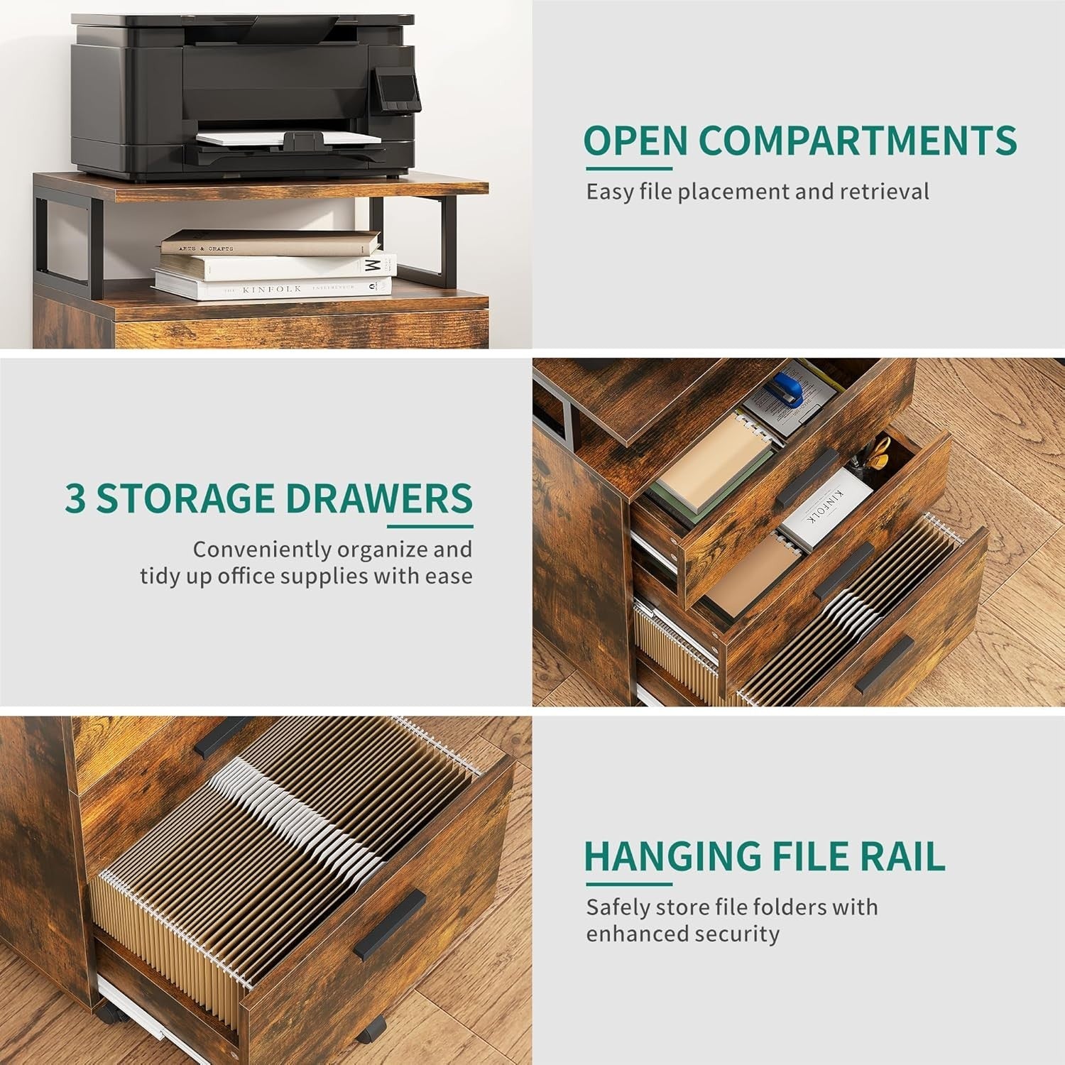 Rustic Mobile Filing Cabinet 3 Drawer Rolling Printer Stand Open Shelf