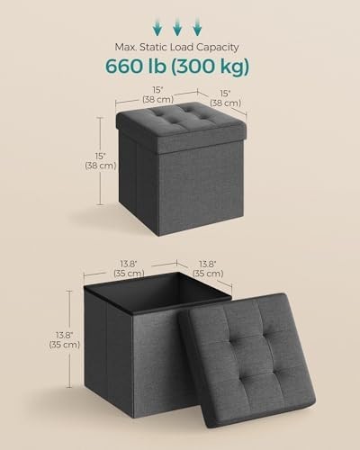 Dark Grey Folding Storage Ottoman Cube 38cm Footstool with Lid & Tufted Seat