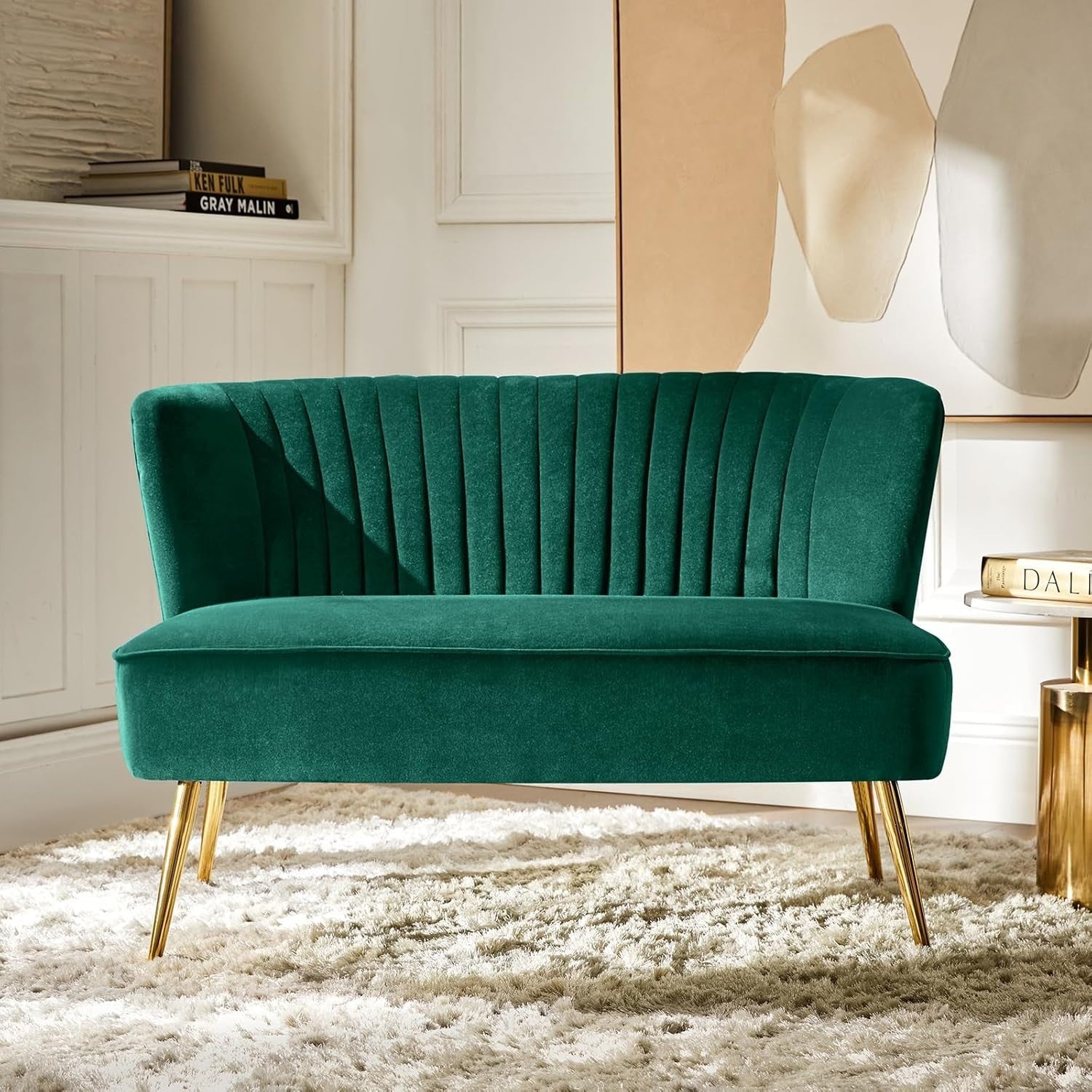 Green Velvet 2 Seater Sofa Armless Loveseat Gold Legs for Lounge or Flat