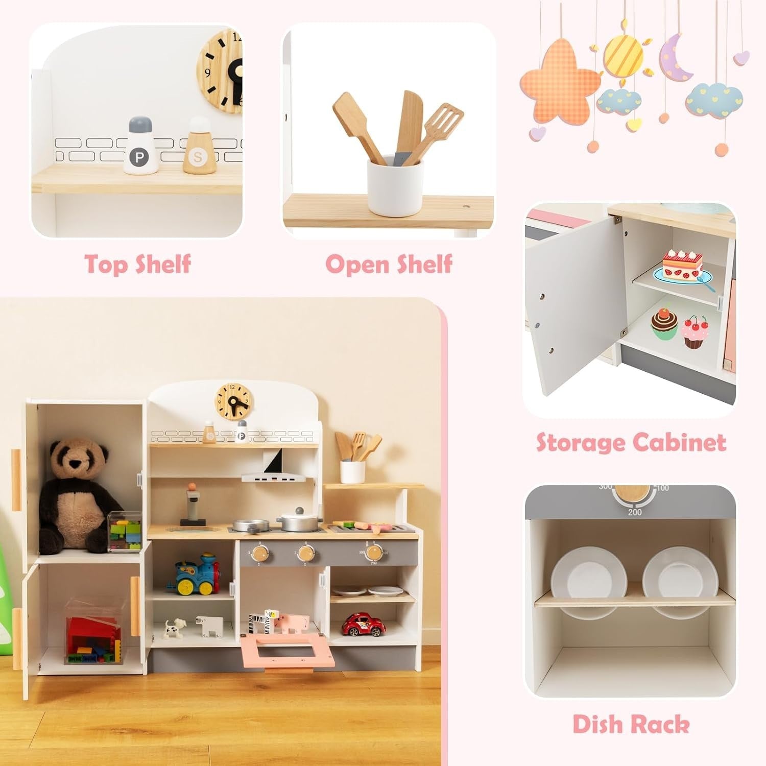 Wooden Kids Play Kitchen BBQ Grill Fridge Sink Toy Set Accessories