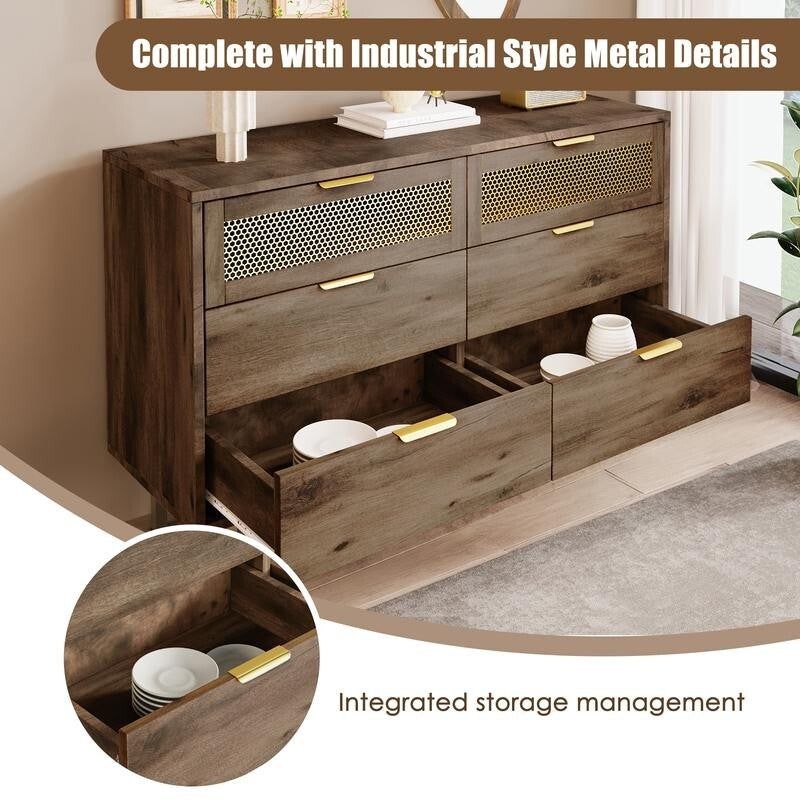 Dark Wood Sideboard Cabinet 6 Drawers, Metal Legs, Retro Storage Unit