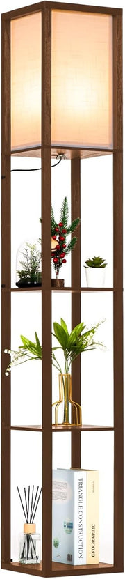 Floor Lamp with Shelves Wooden Standing LED Light Storage Display Walnut