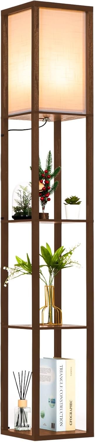 Floor Lamp with Shelves Wooden Standing LED Light Storage Display Walnut